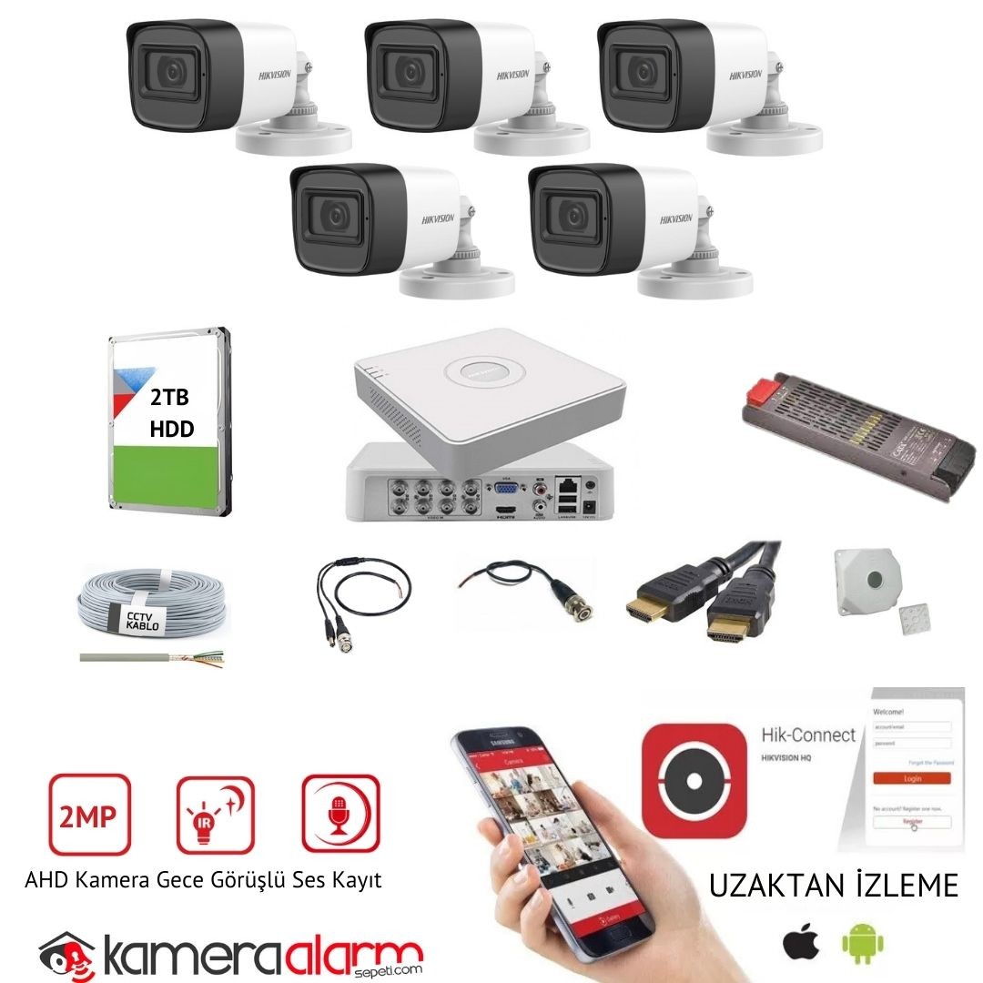 Hikvision 5 Kameralı Mikrofonlu Gece Görüşlü Kamera Seti