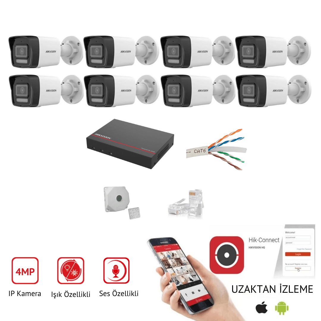 4MP 7/24 Renkli Mikrofonlu 8'li IP Kamera Seti - 1TB eSSD