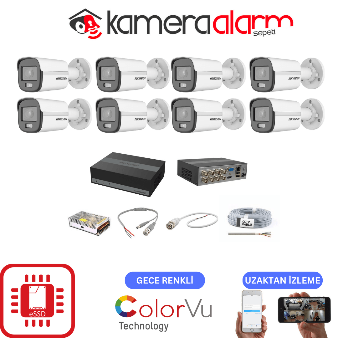 HİKVİSİON 8 KAMERALI GECE RENKLİ GÖRÜŞLÜ COLORVU KAMERA SETİ