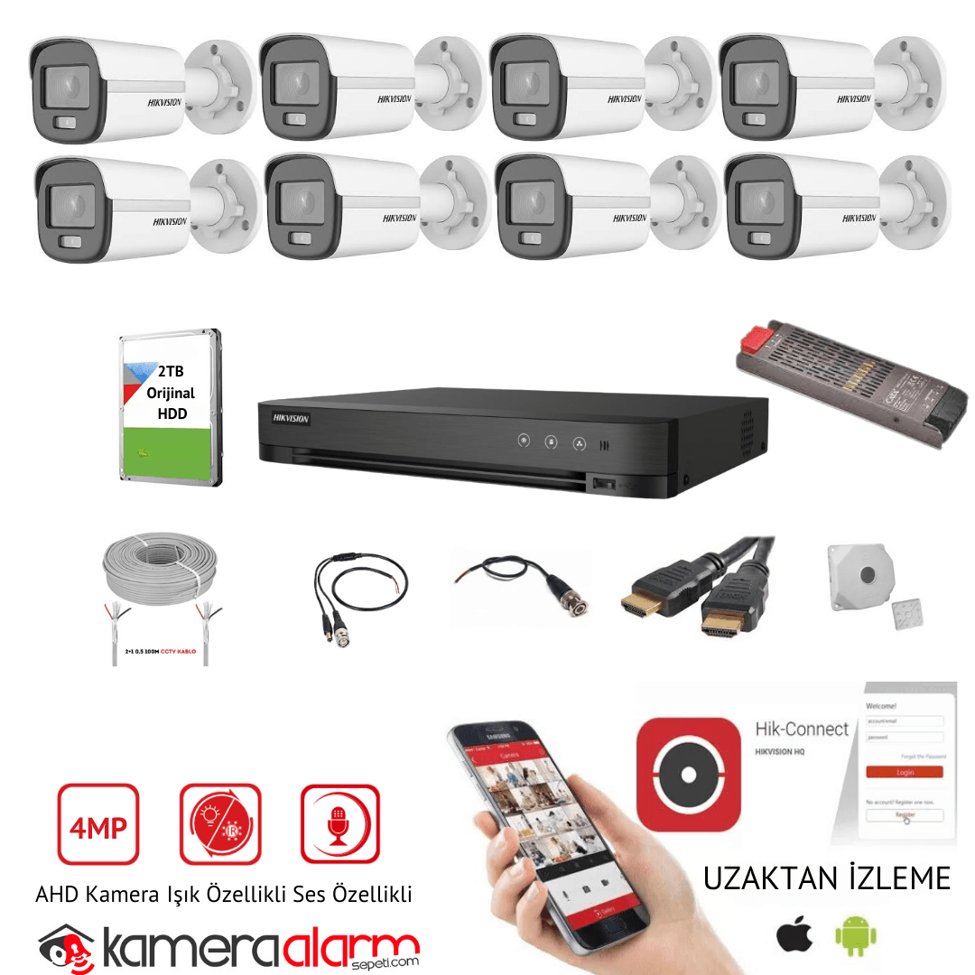 Hikvision 8 Kameralı Gece Gündüz Renkli 4MP Ses Kayıtlı Güvenlik Kamerası Seti