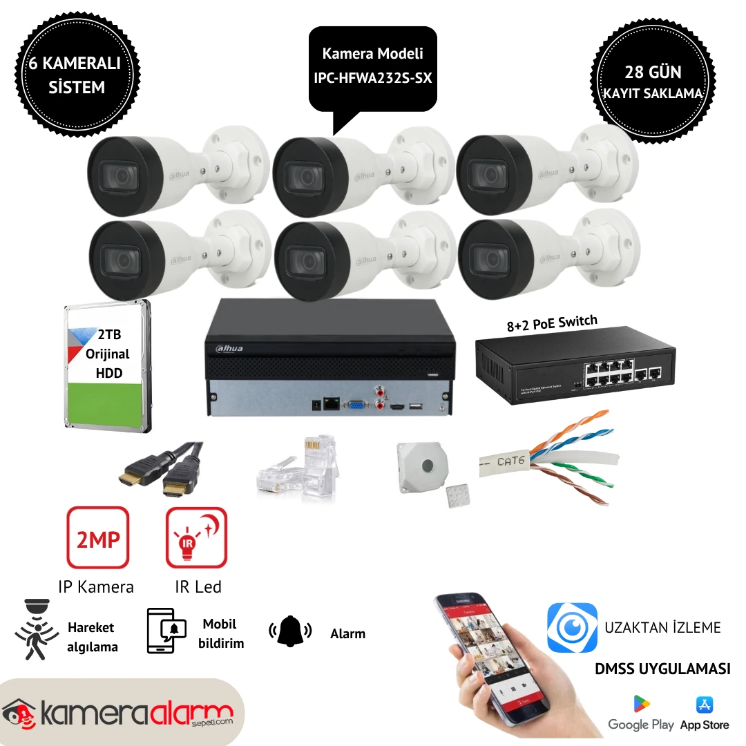 Dahua 6 Kameralı 2MP IP Güvenlik Kamerası Sistemi