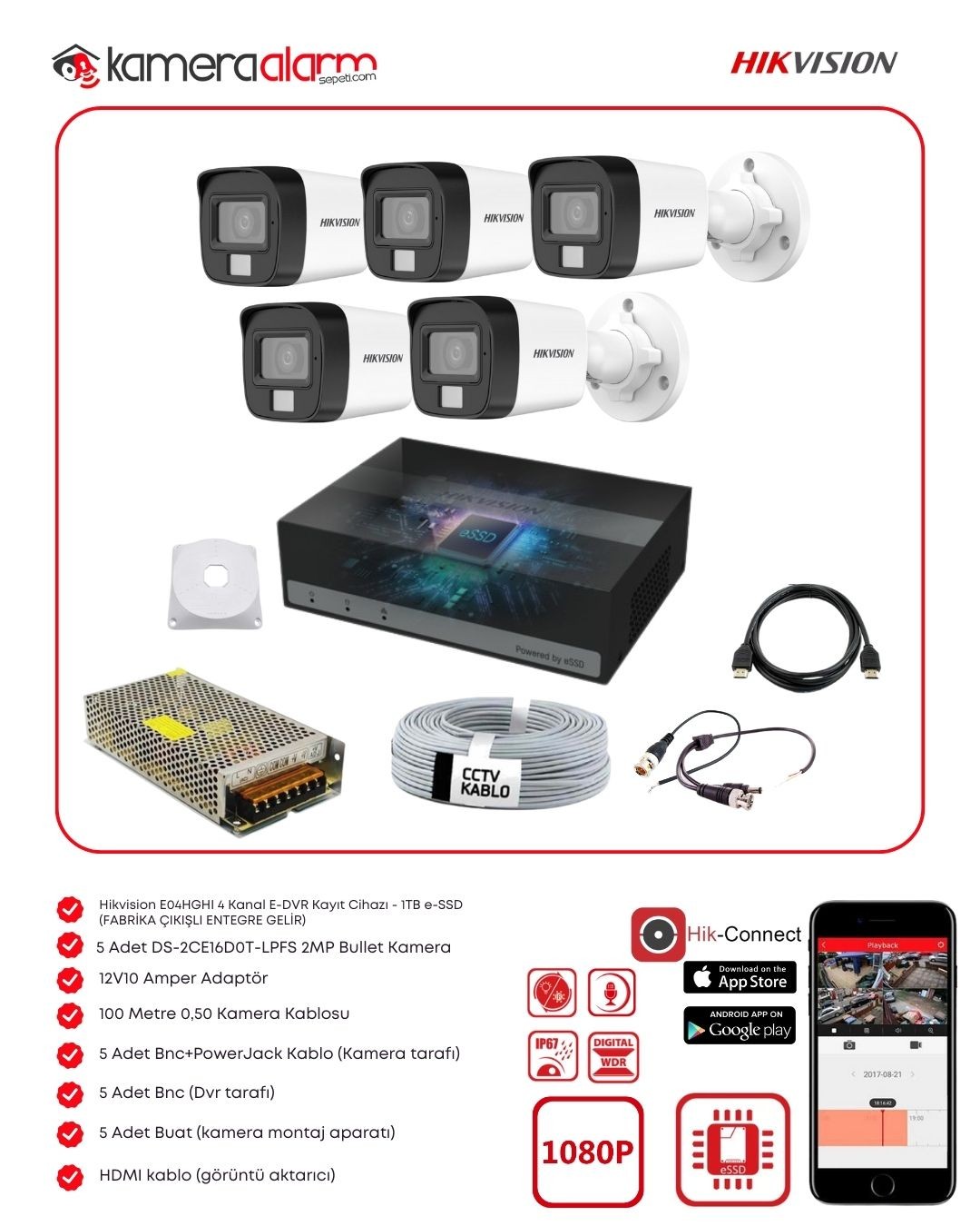 Hikvision 5 Kameralı Dahili Mikrofonlu Gece Renkli Kamera Seti
