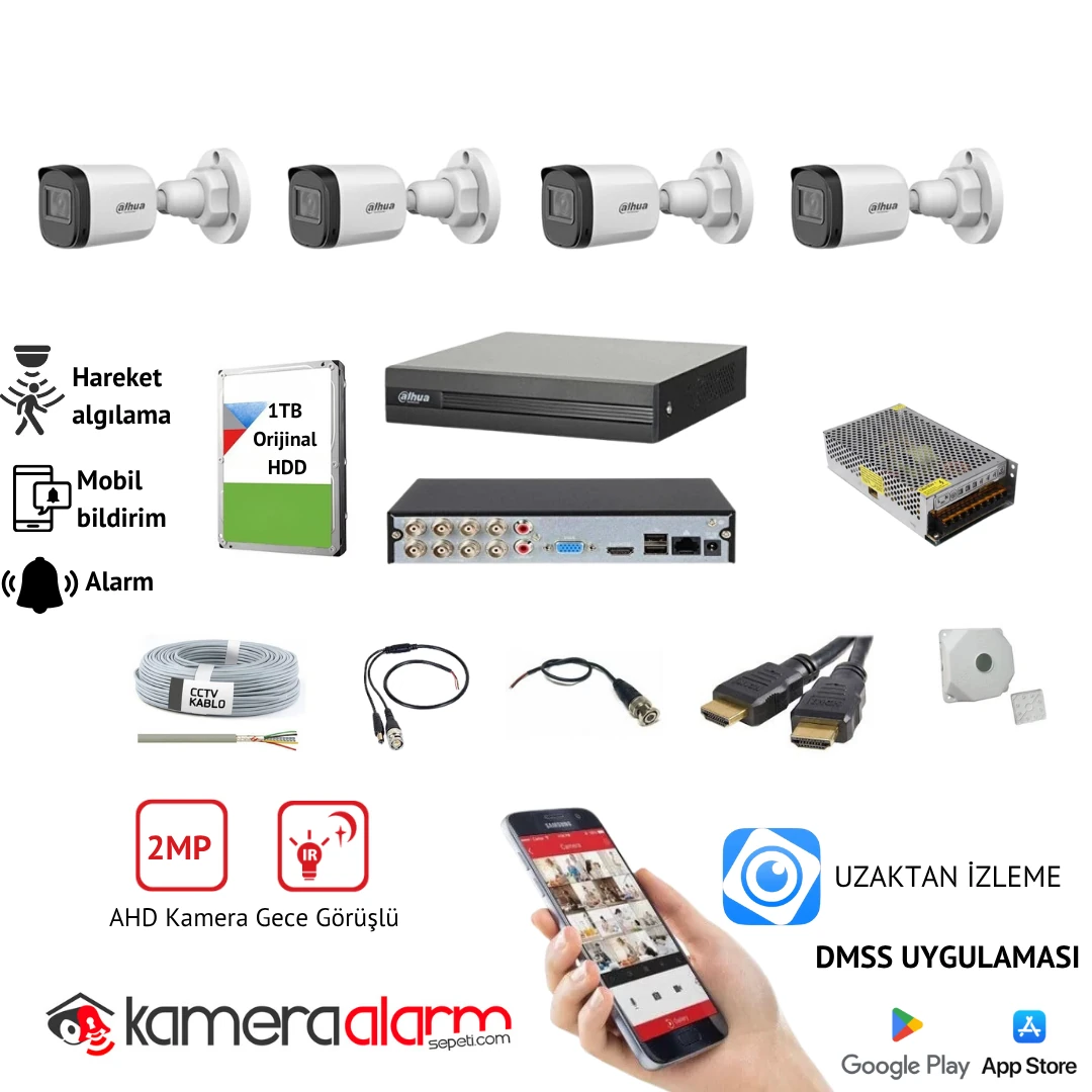 Dahua 4 Kameralı 2MP AHD Güvenlik Kamerası Sistemi