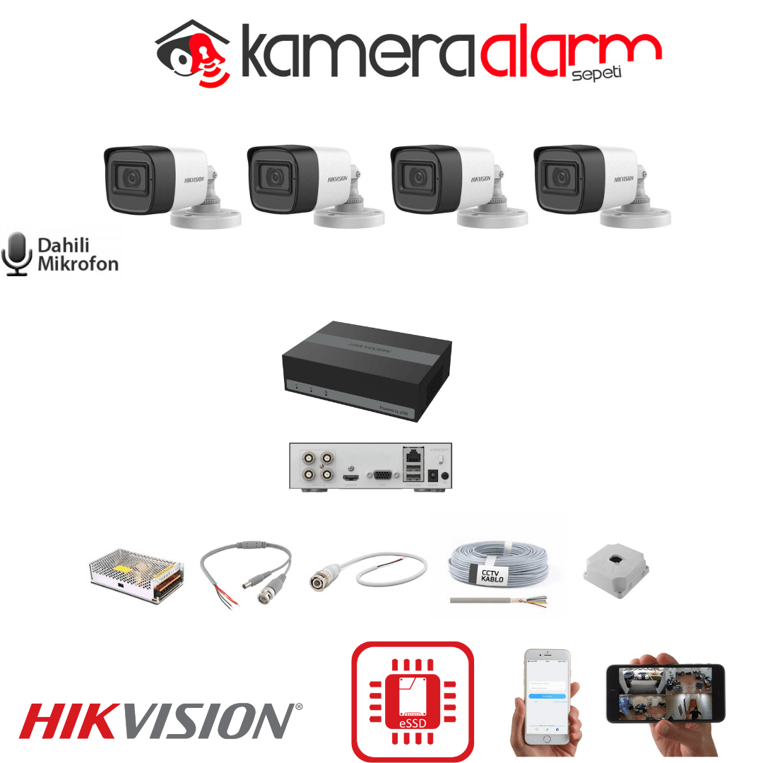 Hikvision 4 Kameralı Dahili Mikrofonlu Gece Görüşlü Kamera Seti