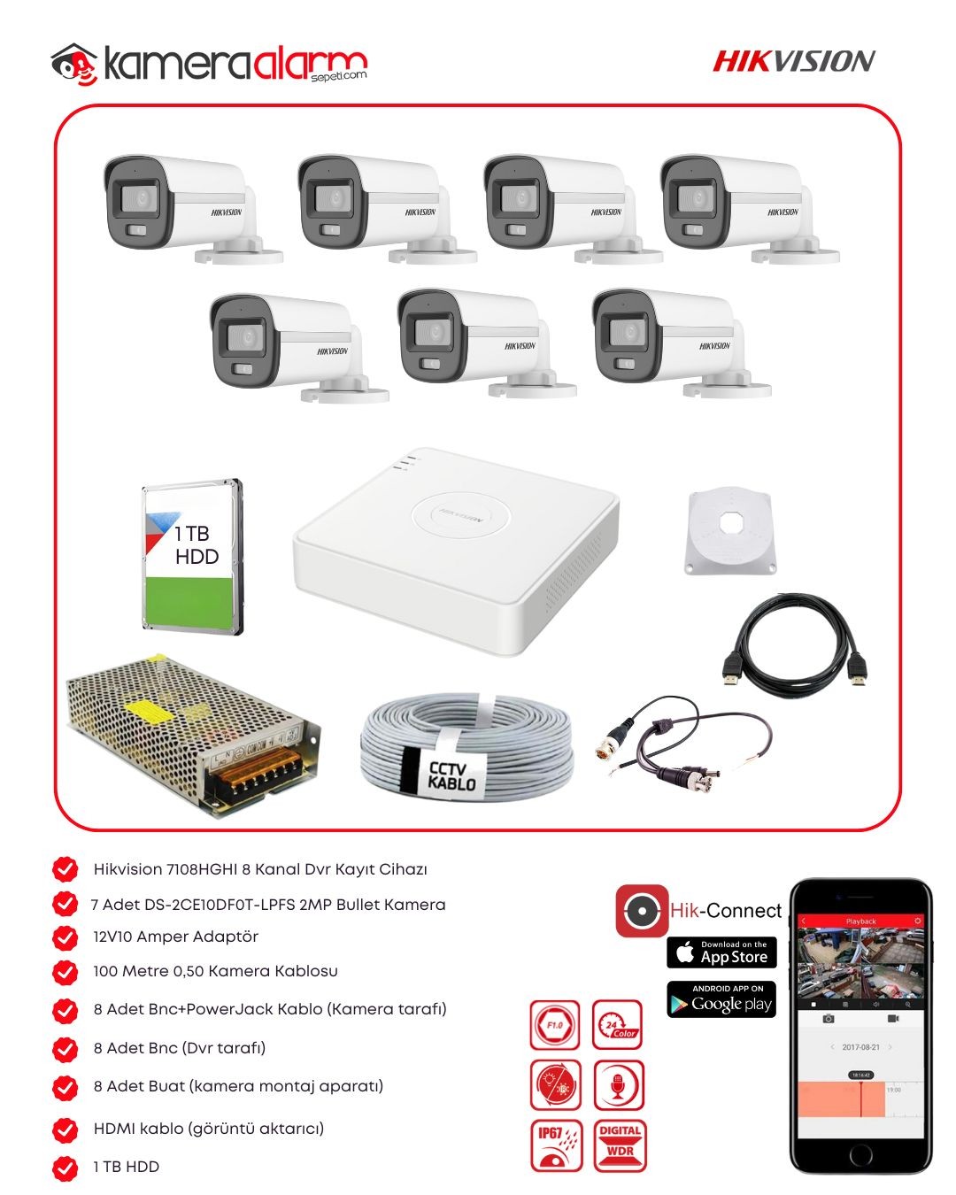 Hikvision 7 Kameralı Dahili Mikrofonlu 7/24 Renkli AHD Kamera Seti