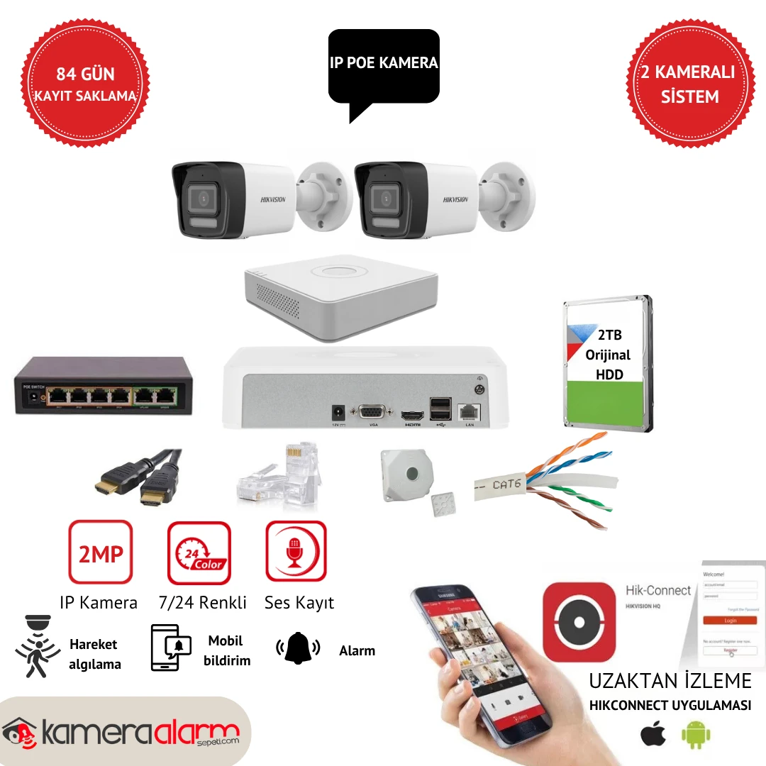 Hikvision 2 Kameralı 2MP Ses Kayıtlı, IP Kamera Sistemi - Gece Gündüz Renkli Görüş