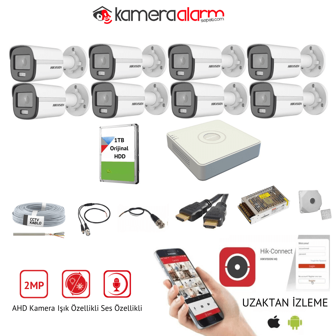 Hikvision 8 Kameralı Dahili Mikrofonlu 7/24 Renkli AHD Kamera Seti