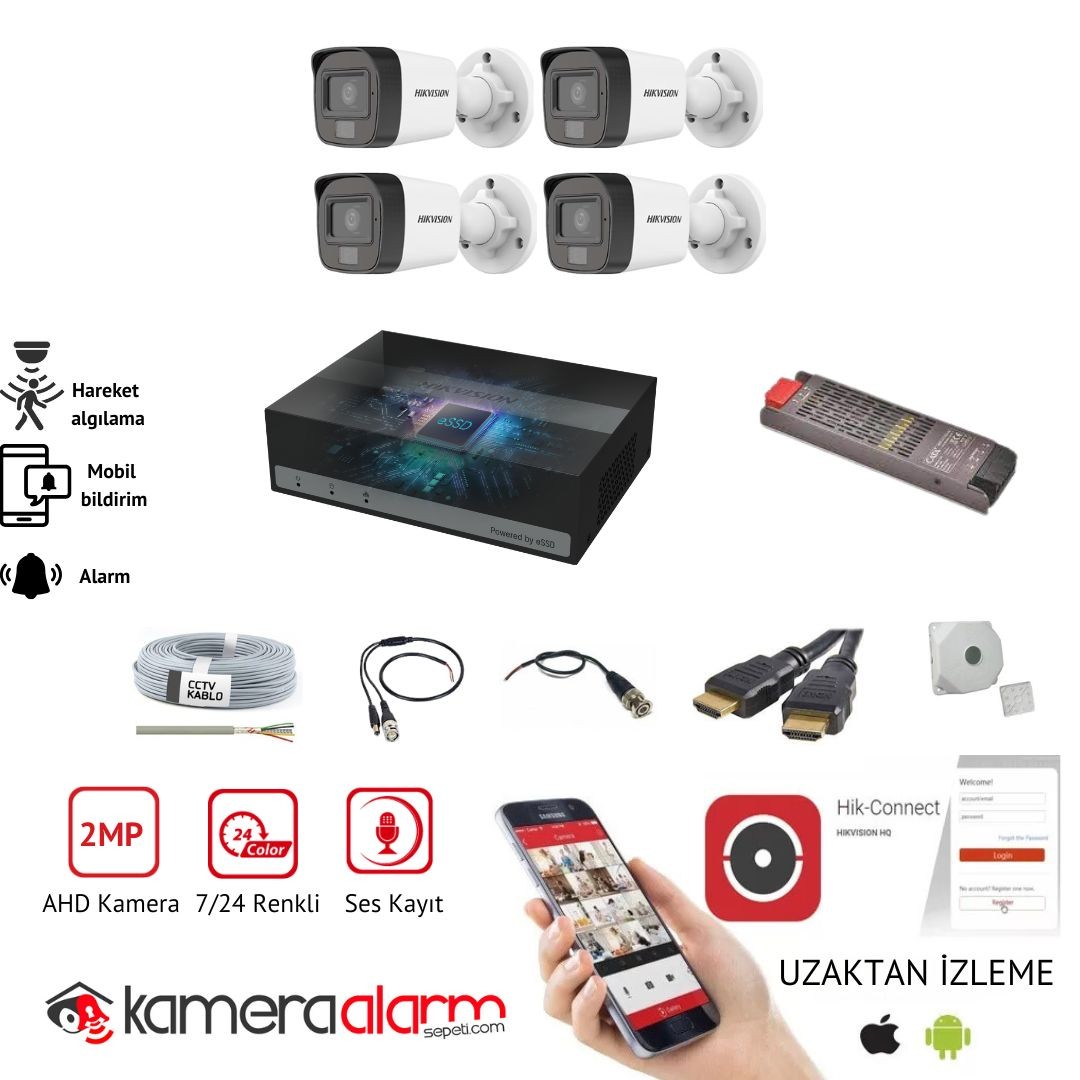 Hikvision 4 Kameralı Dahili Mikrofonlu Gece Renkli Kamera Seti