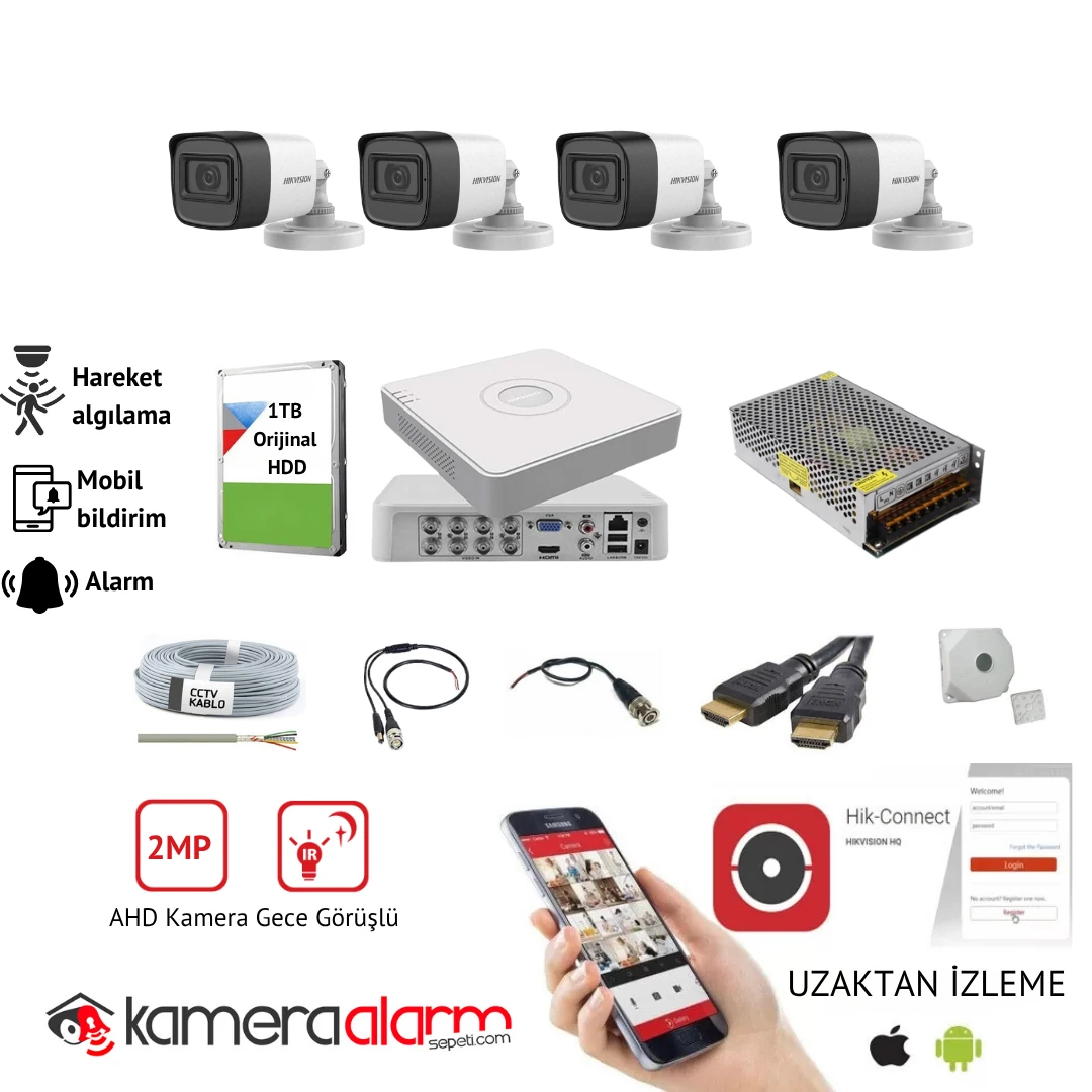 Hikvision 4 Kameralı 2MP AHD Güvenlik Kamerası Sistemi