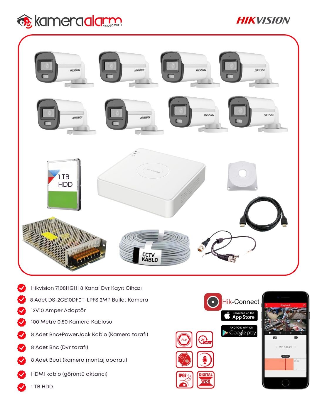 Hikvision 8 Kameralı Dahili Mikrofonlu 7/24 Renkli AHD Kamera Seti