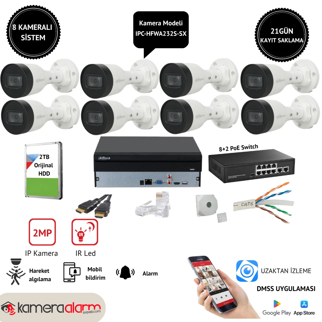 Dahua 8 Kameralı 2MP IP Güvenlik Kamerası Sistemi