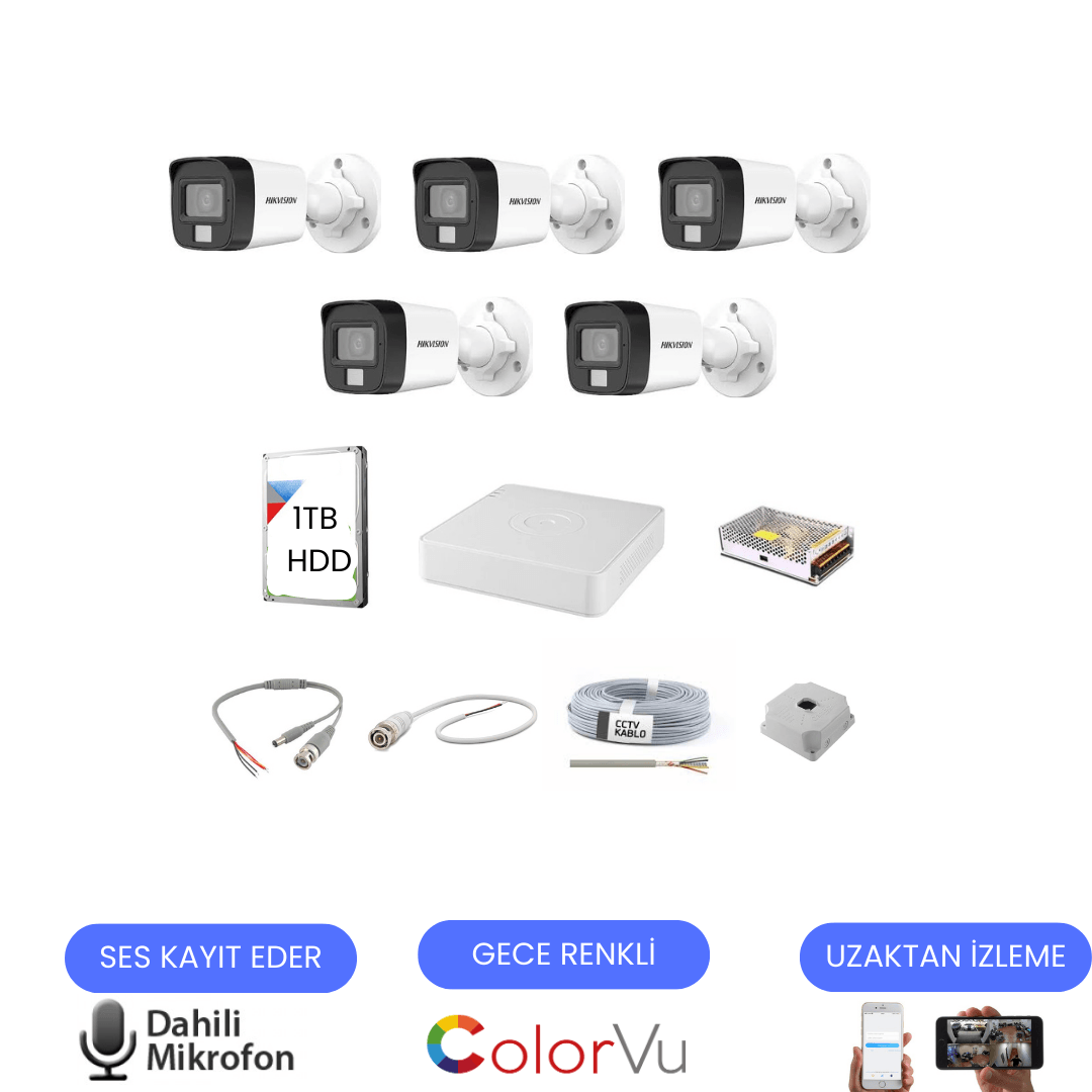 5 KAMERALI DAHİLİ MİKROFONLU GECE RENKLİ GÜVENLİK KAMERASI