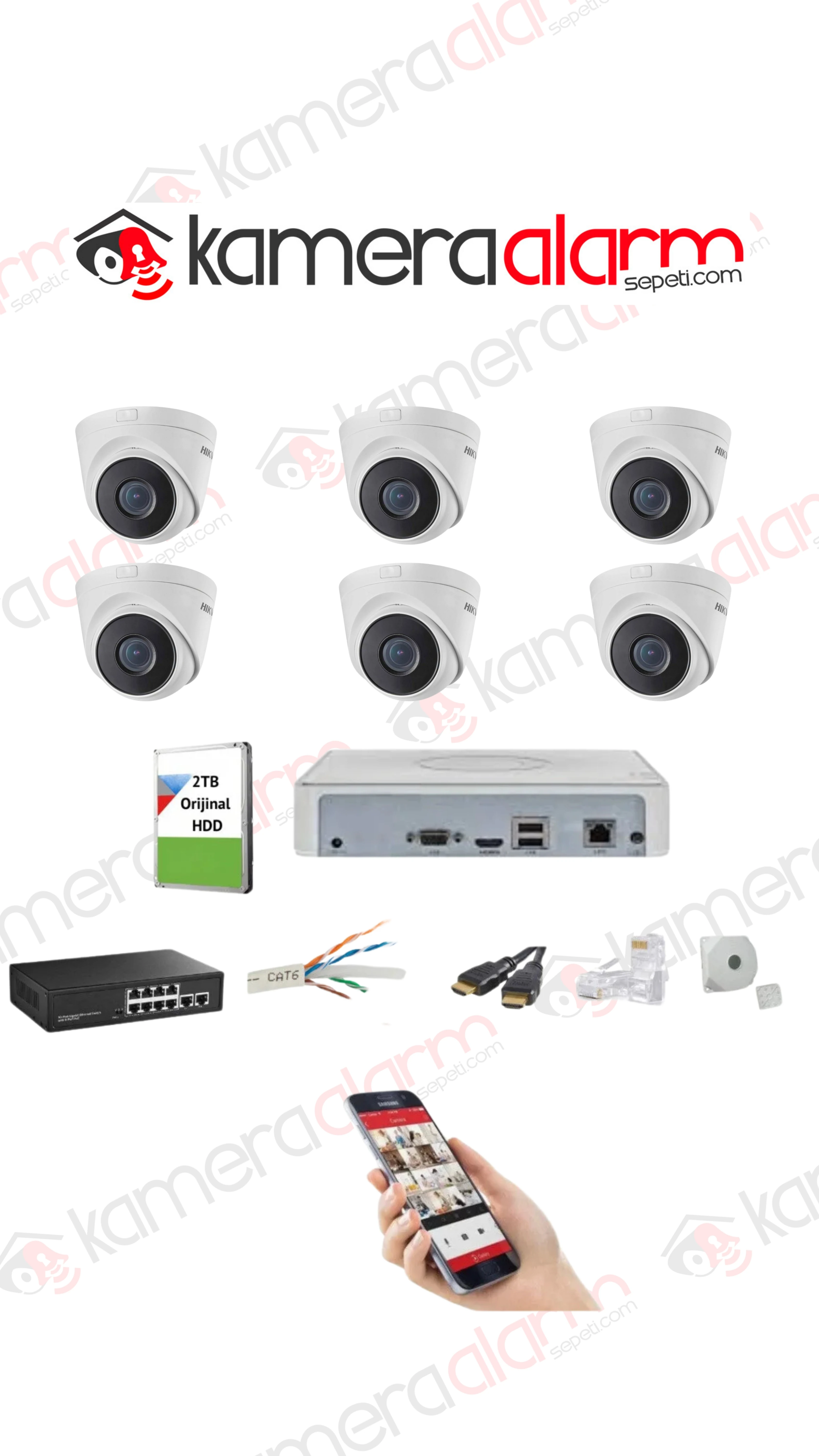 Hikvision 6 Kameralı 2MP Mikrofonlu Gece Renkli Görüşlü AHD Dome Kamera Seti