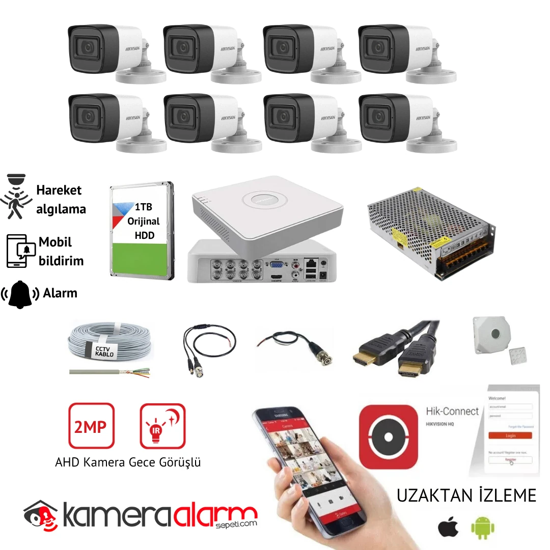 Hikvision 8 Kameralı 2MP AHD Güvenlik Kamerası Sistemi