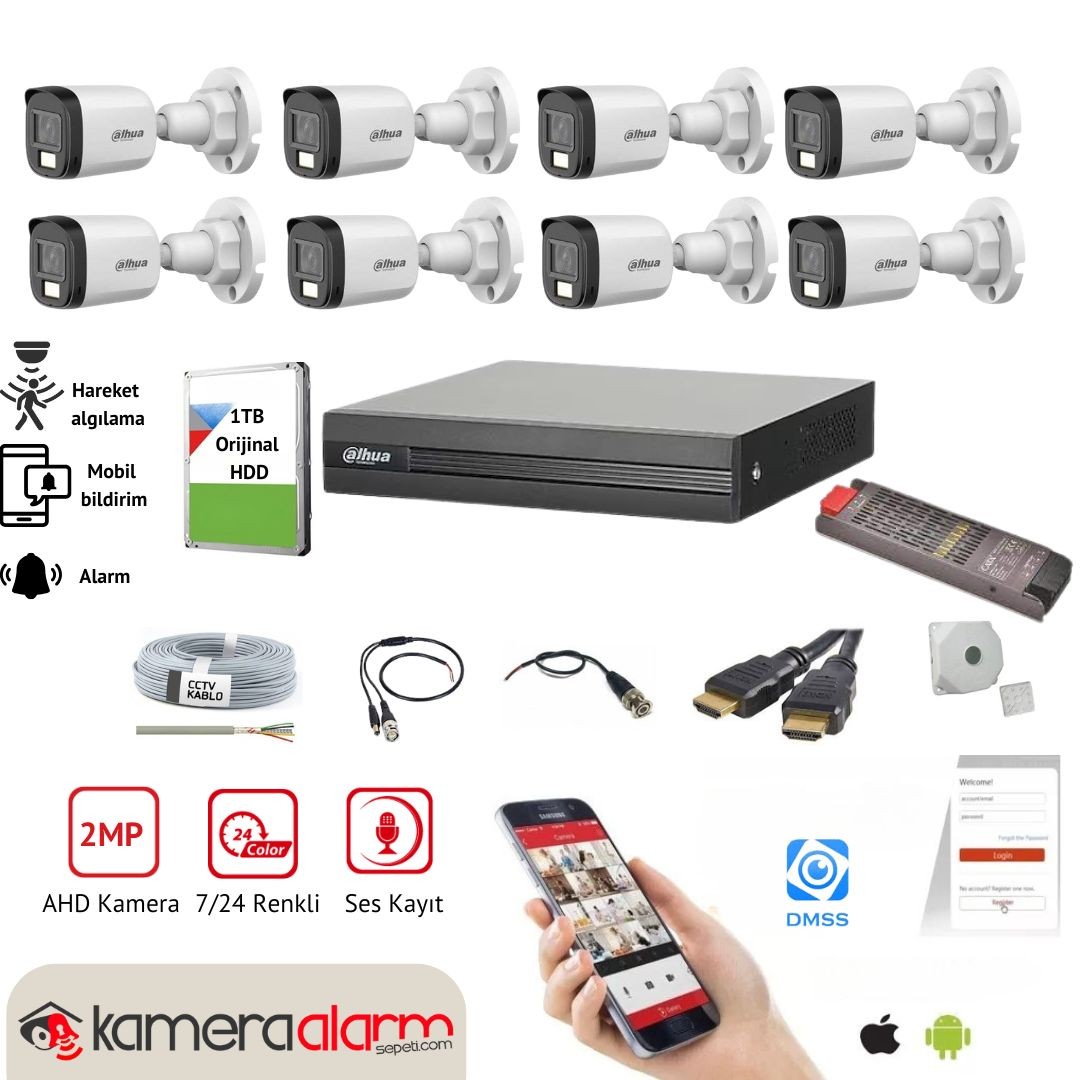  Dahua 8 Kameralı Mikrofonlu Gece Renkli Görüşlü 2MP Kamera Seti