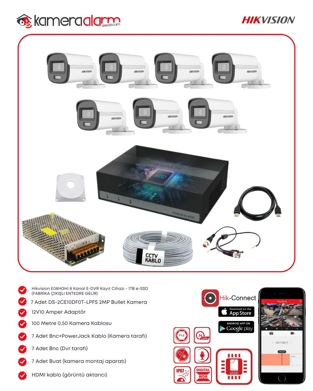 Hikvision 7 Kameralı Mikrofonlu 7/24 Renkli Görüşlü Güvenlik Kamerası