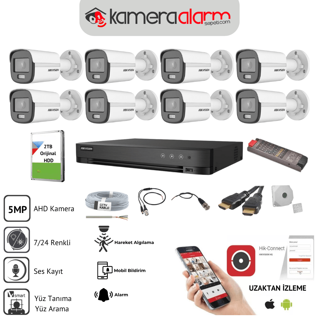Hikvision 8 Kameralı Gece Gündüz Renkli 5 MP Ses Kayıtlı, Yüz Tanımalı Güvenlik Kamerası Seti