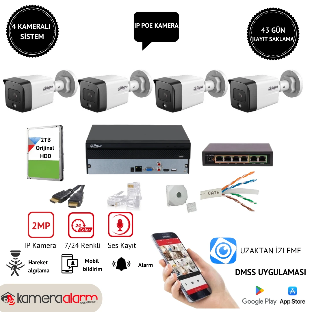 Dahua 4 Kameralı 2MP IP Güvenlik Kamerası Sistemi