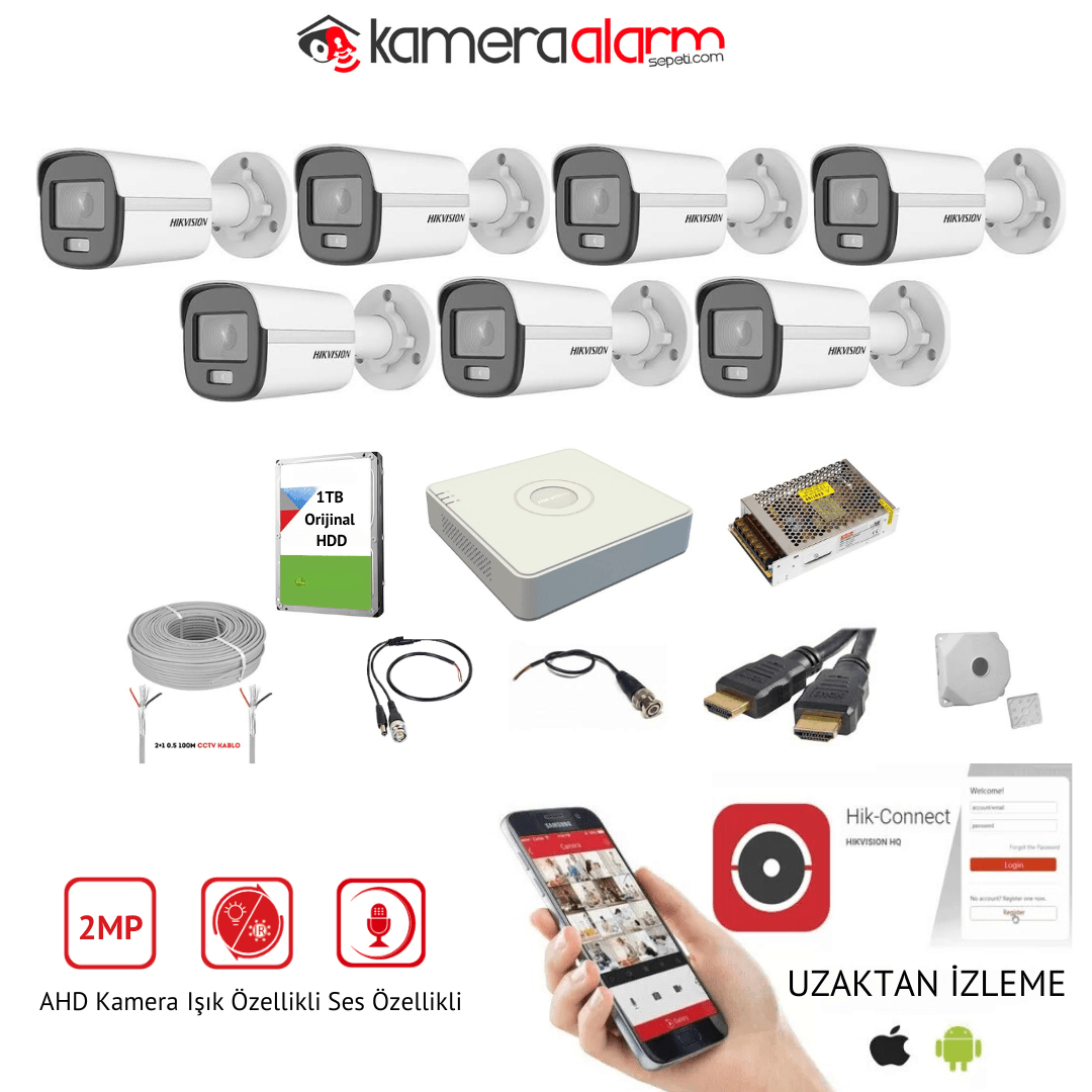 Hikvision 7 Kameralı Dahili Mikrofonlu 7/24 Renkli AHD Kamera Seti