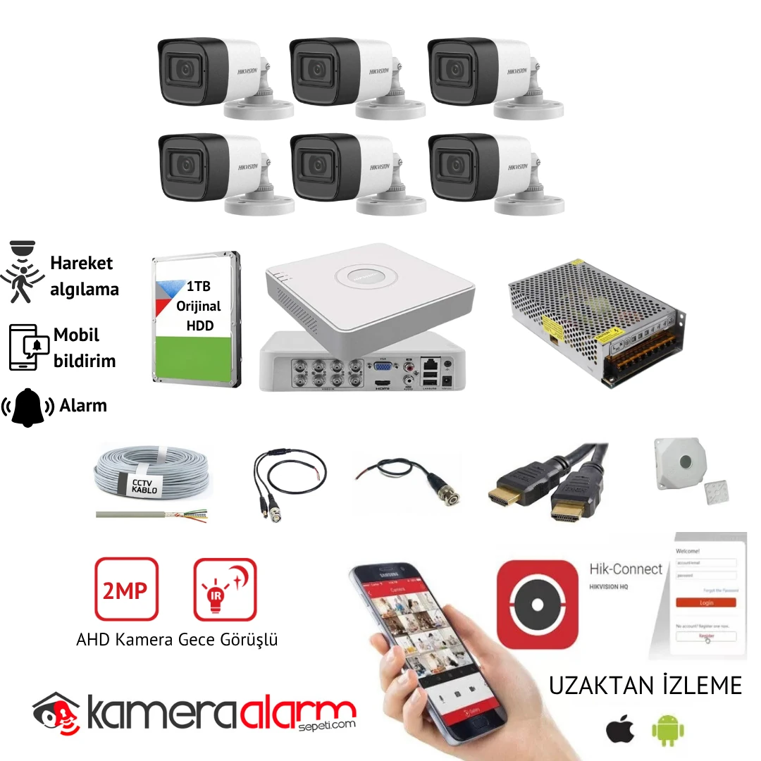 Hikvision 6 Kameralı 2MP AHD Güvenlik Kamerası Sistemi