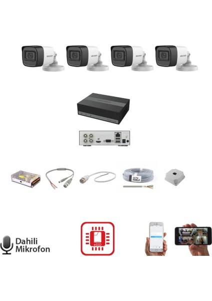 Hikvision 4 Kameralı Dahili Mikrofonlu Kamera Seti