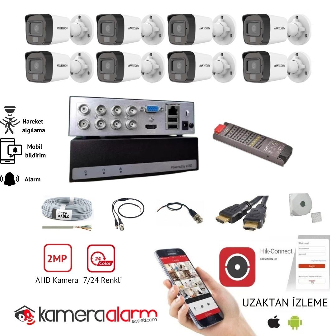 Hikvision 8 Kameralı Gece Gündüz Renkli Görüşlü Güvenlik Kamerası Seti