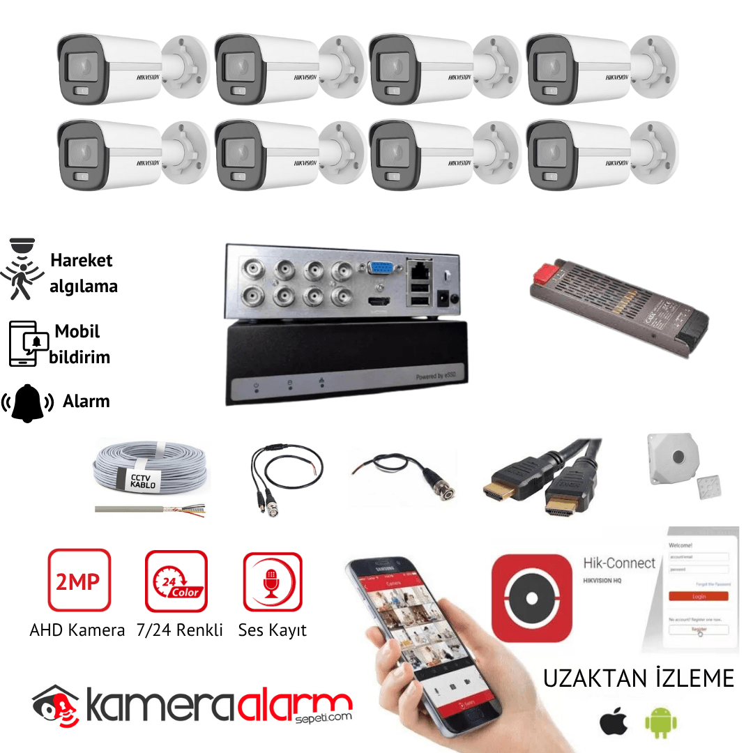 Hikvision 8 Kameralı Mikrofonlu 7/24 Renkli Görüşlü Güvenlik Kamerası