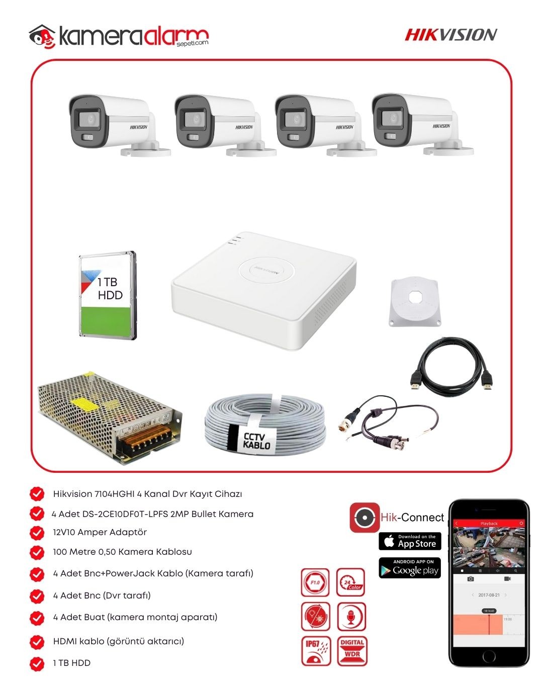 Hikvision 4 Kameralı Dahili Mikrofonlu 7/24 Renkli AHD Kamera Seti