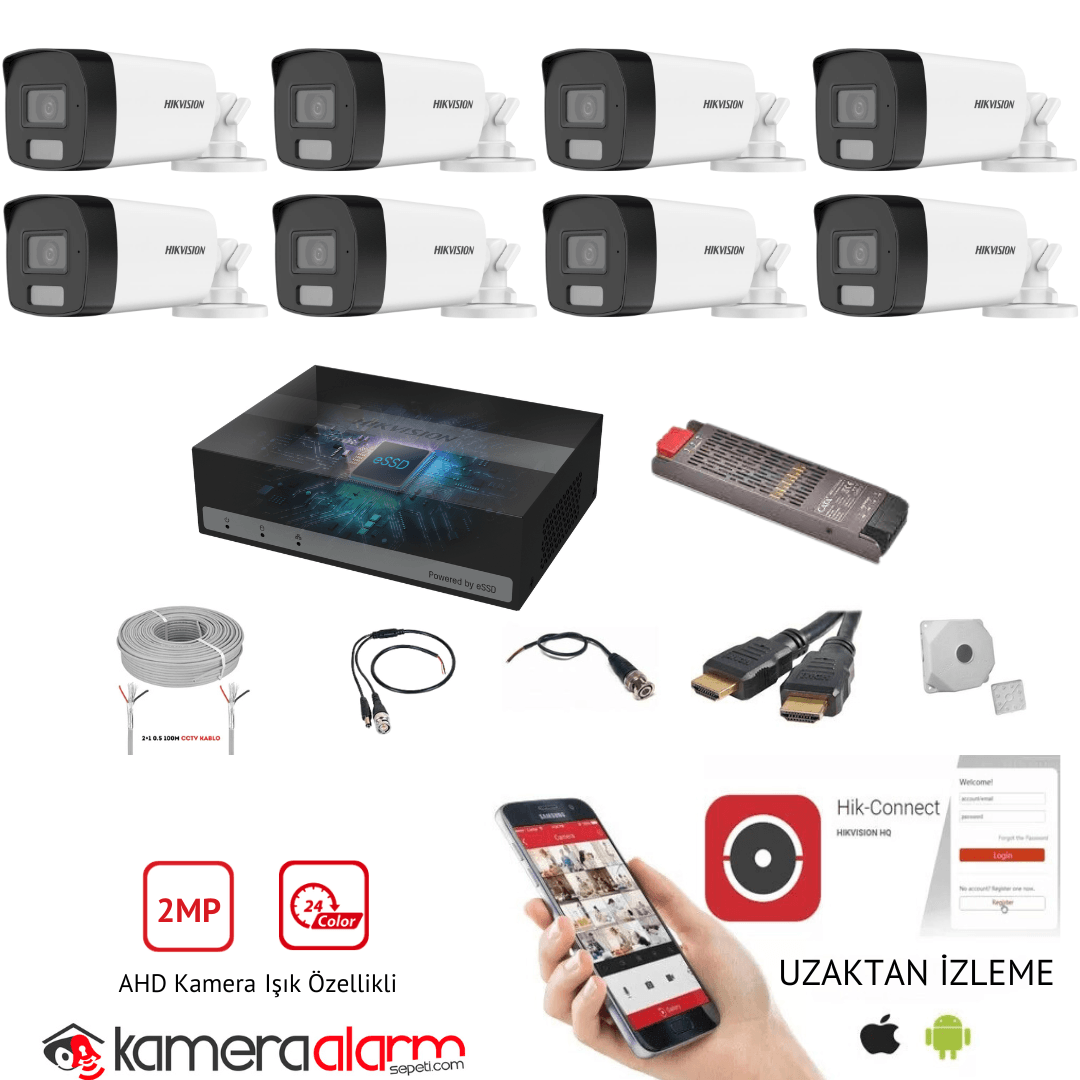 Hikvision 8 Kameralı 7/24 Renkli Görüşlü Ahd Güvenlik Kamerası Seti