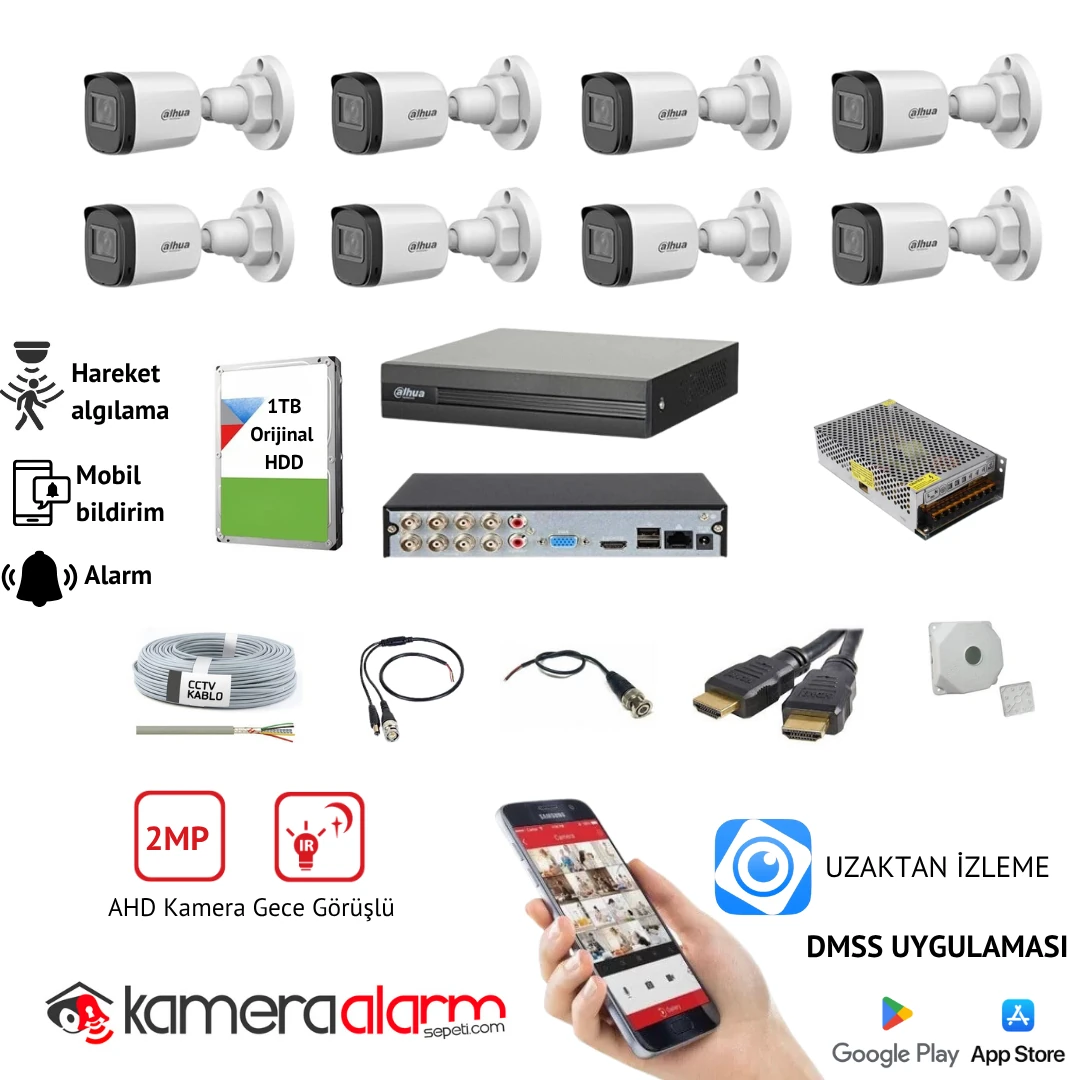 Dahua 8 Kameralı 2MP AHD Güvenlik Kamerası Sistemi
