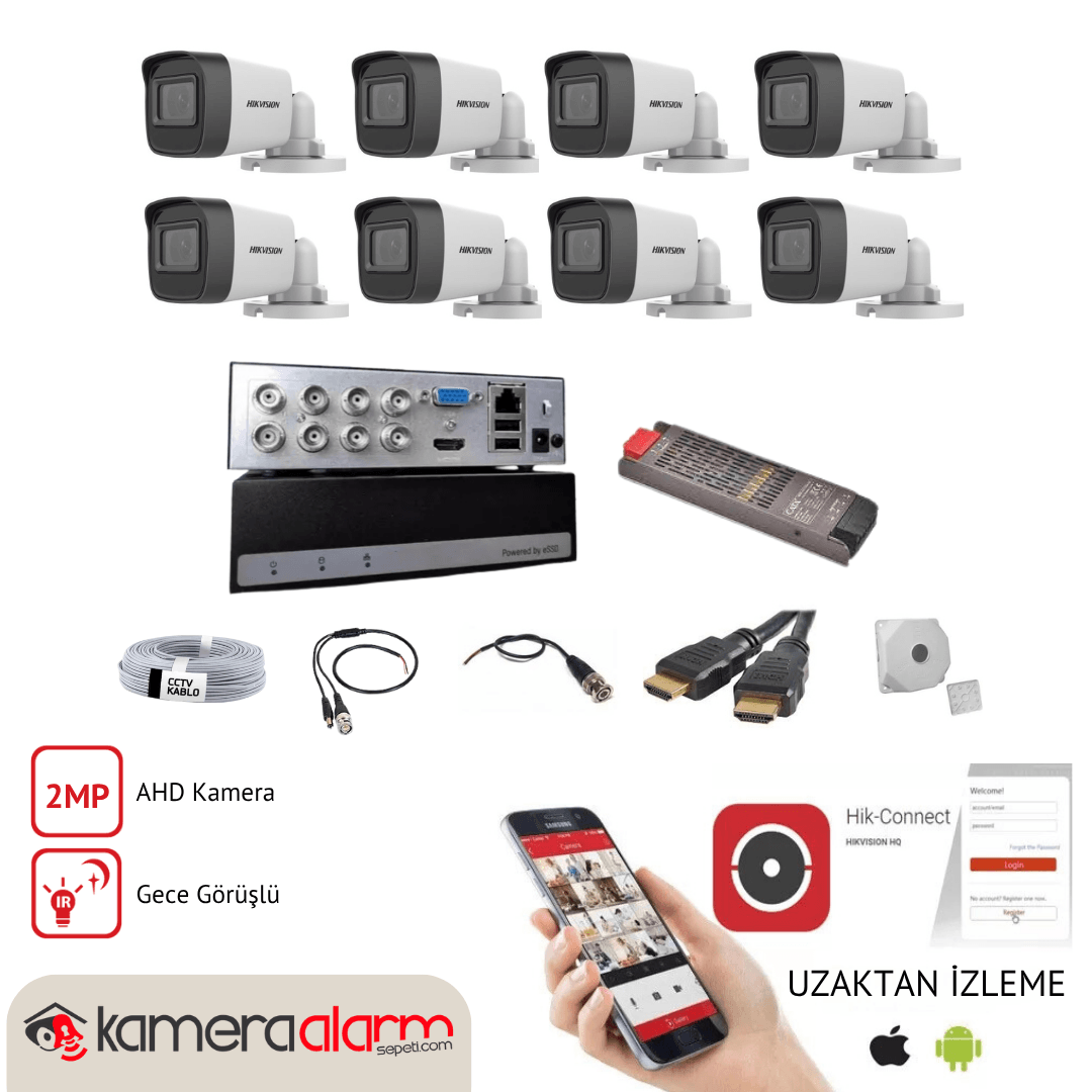 Hikvision 8 Kameralı Gece Görüşlü Kamera Seti