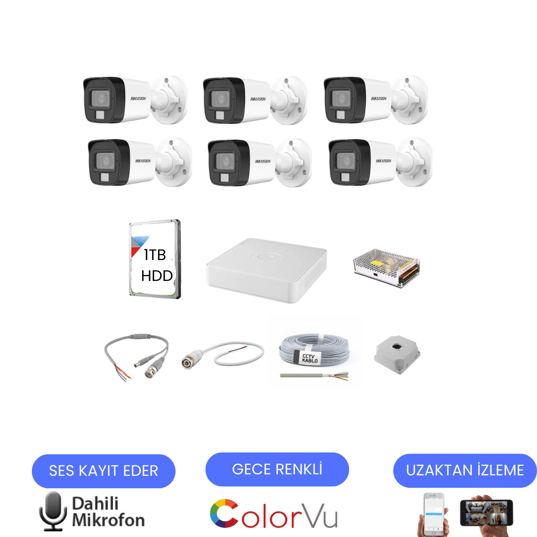 6 KAMERALI DAHİLİ MİKROFONLU GECE RENKLİ GÜVENLİK KAMERASI