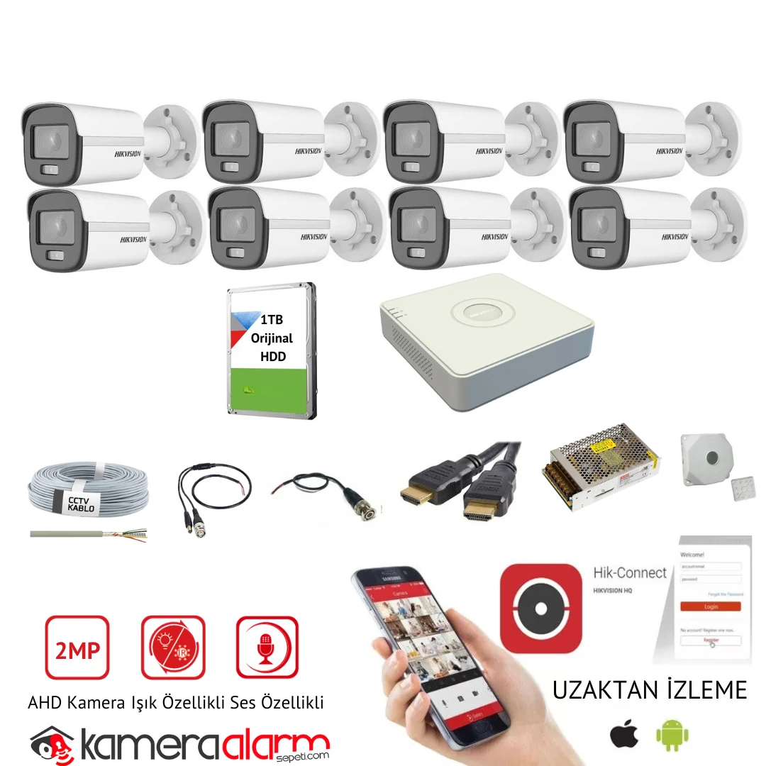 Hikvision 8 Kameralı Mikrofonlu 7/24 Renkli Görüşlü Güvenlik Kamerası
