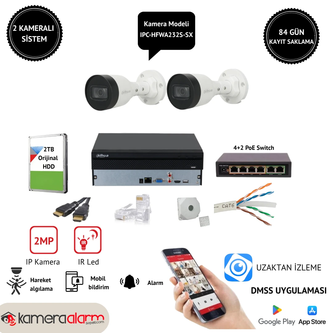 Dahua 2 Kameralı 2MP IP Güvenlik Kamerası Sistemi