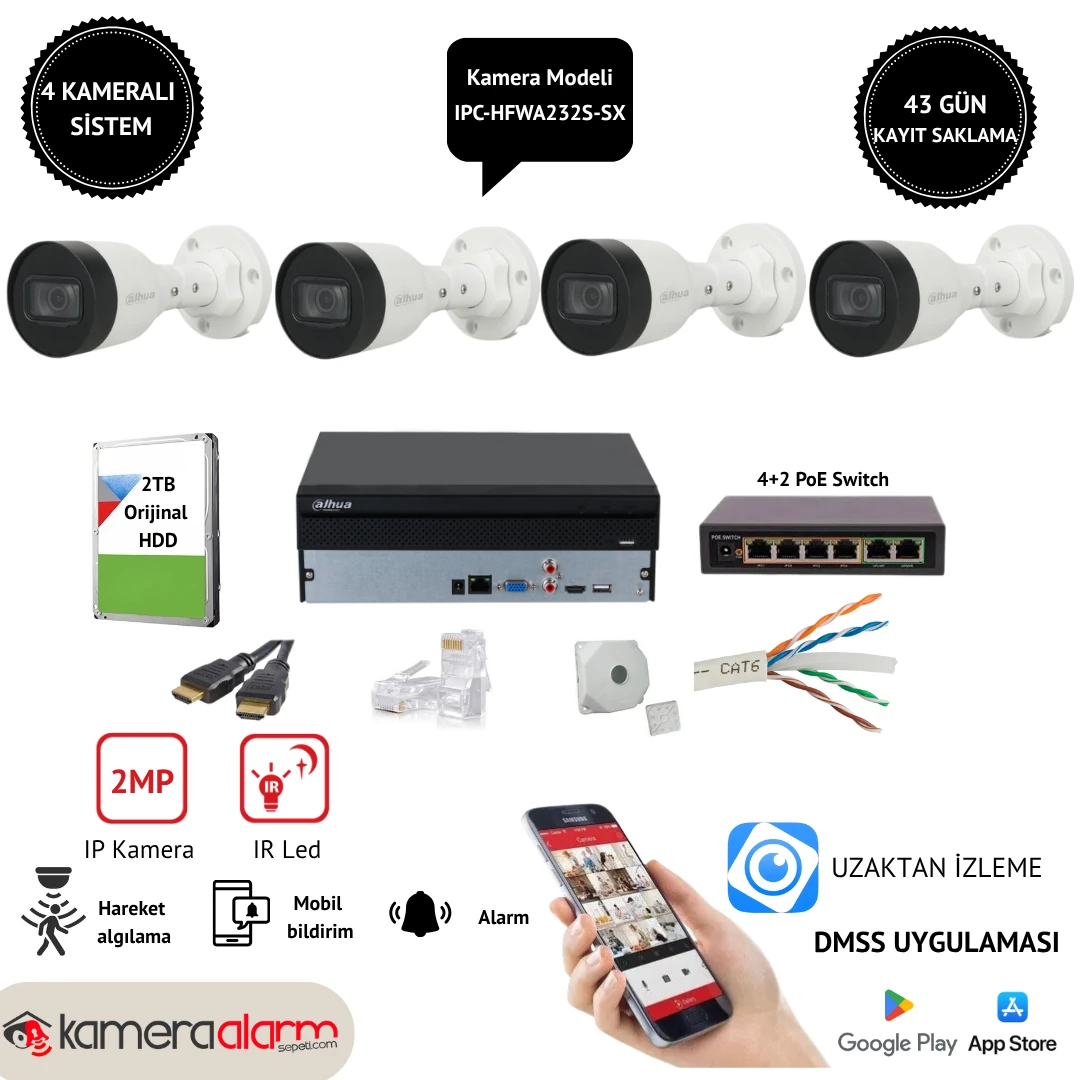 Dahua 4 Kameralı 2MP IP Güvenlik Kamerası Sistemi