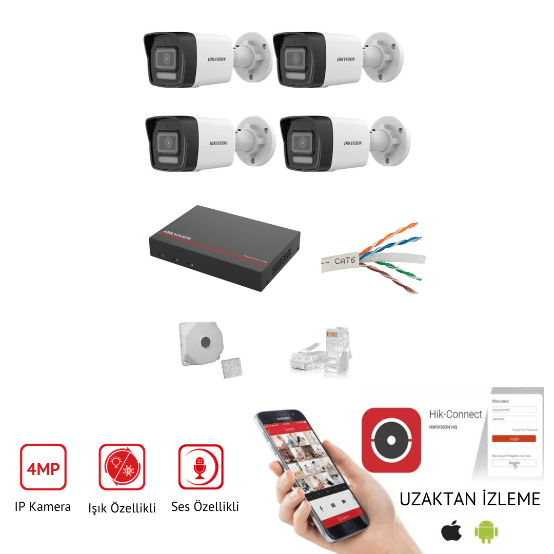 4MP 7/24 Renkli Mikrofonlu 4'lü IP Kamera Seti - 1TB eSSD