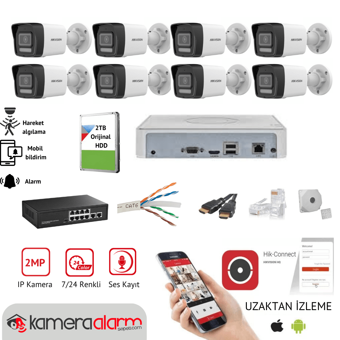 Hikvision 8 Kameralı 2MP 7/24 Renkli Mikrofonlu IP Kamera Seti