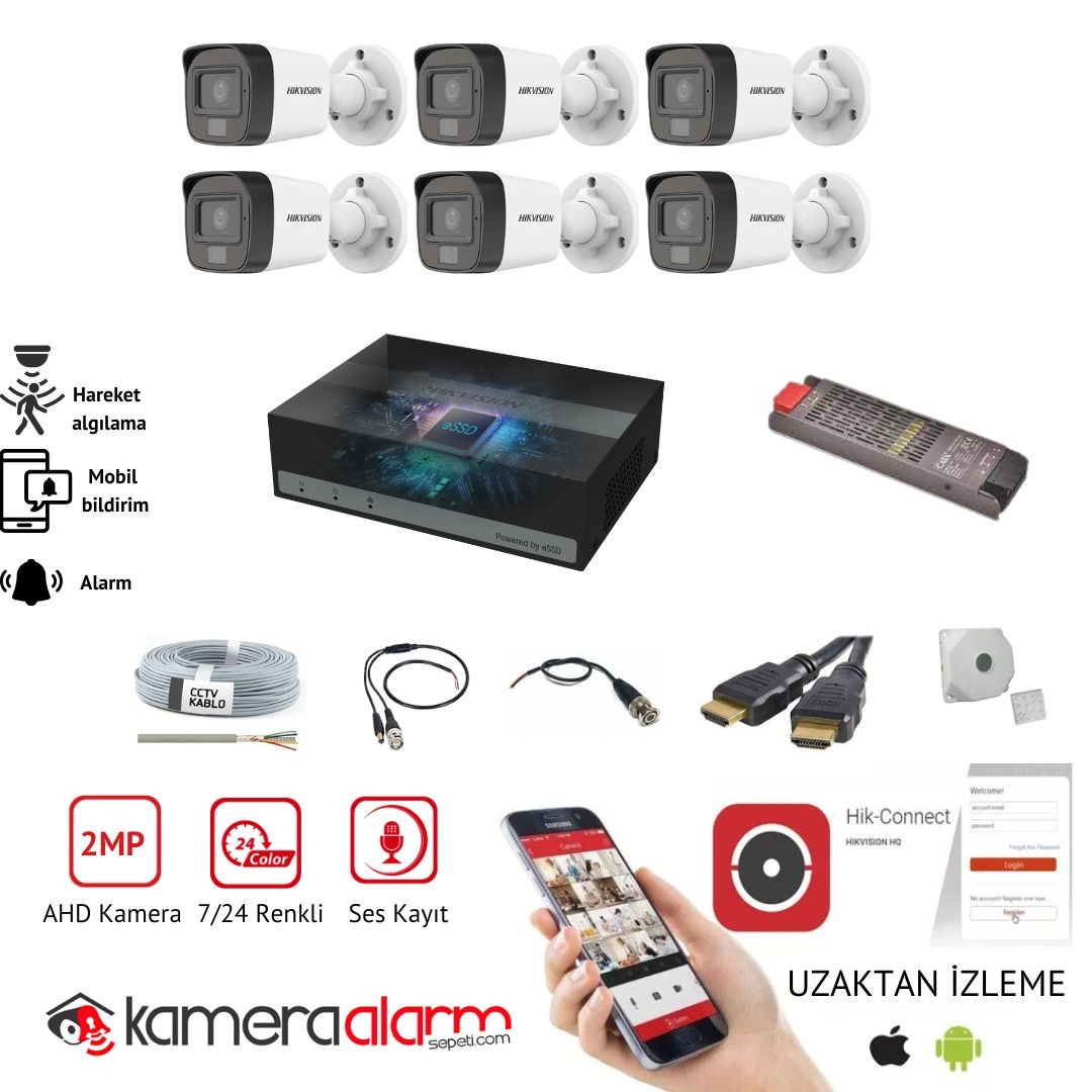 Hikvision 6 Kameralı Mikrofonlu, 7/24 Renkli Görüşlü Güvenlik Kamerası Seti