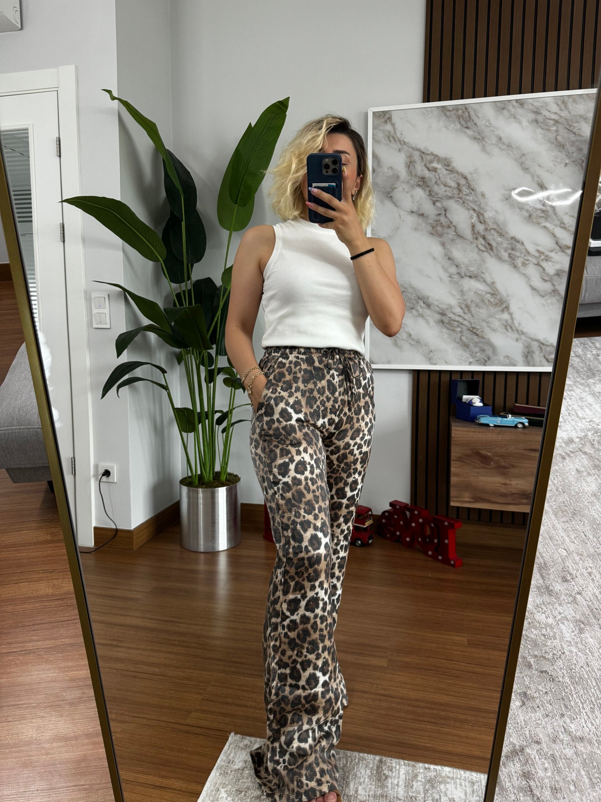 Leopar Saten Pantolon