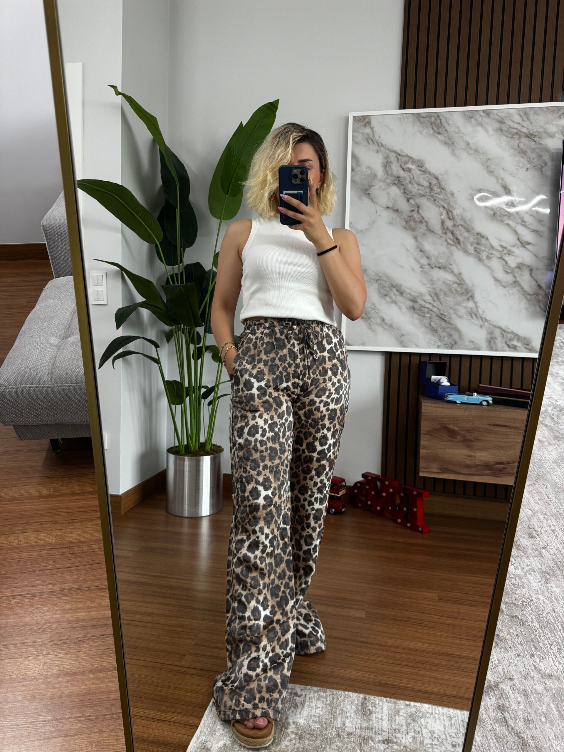 Leopar Saten Pantolon