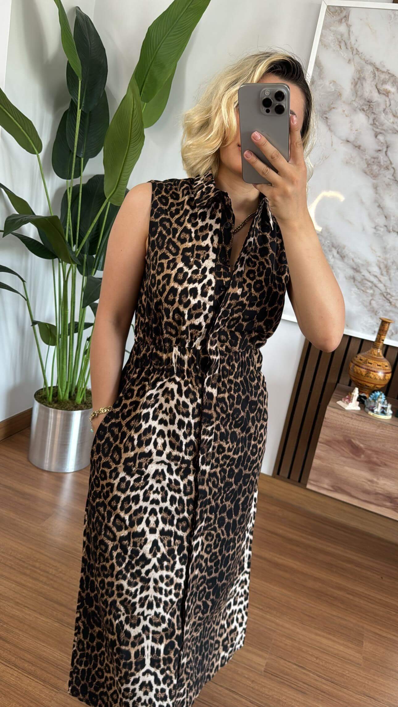 Beli Lastikli Cepli Leopar Desen Elbise