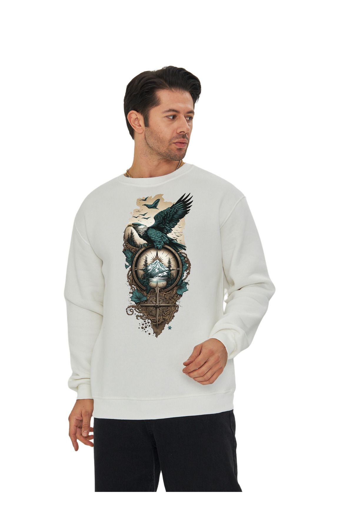 Dtf Dijital Baskılı 3 Iplik Şardonlu Oversize Kartal Tasarımlı Sweatshirt Beyaz image