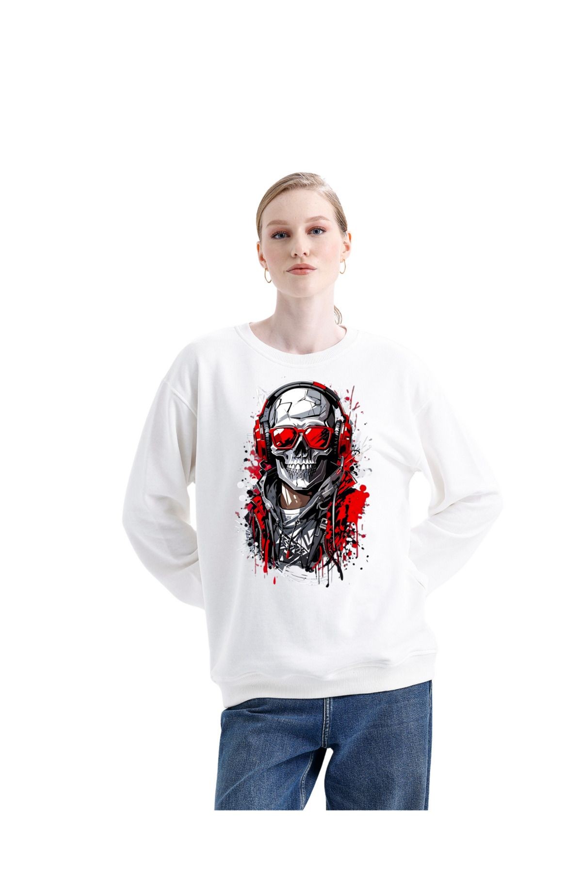 -dtf Baskılı 3 Iplik Şardonsuz Sweatshirt - Iskelet Temalı