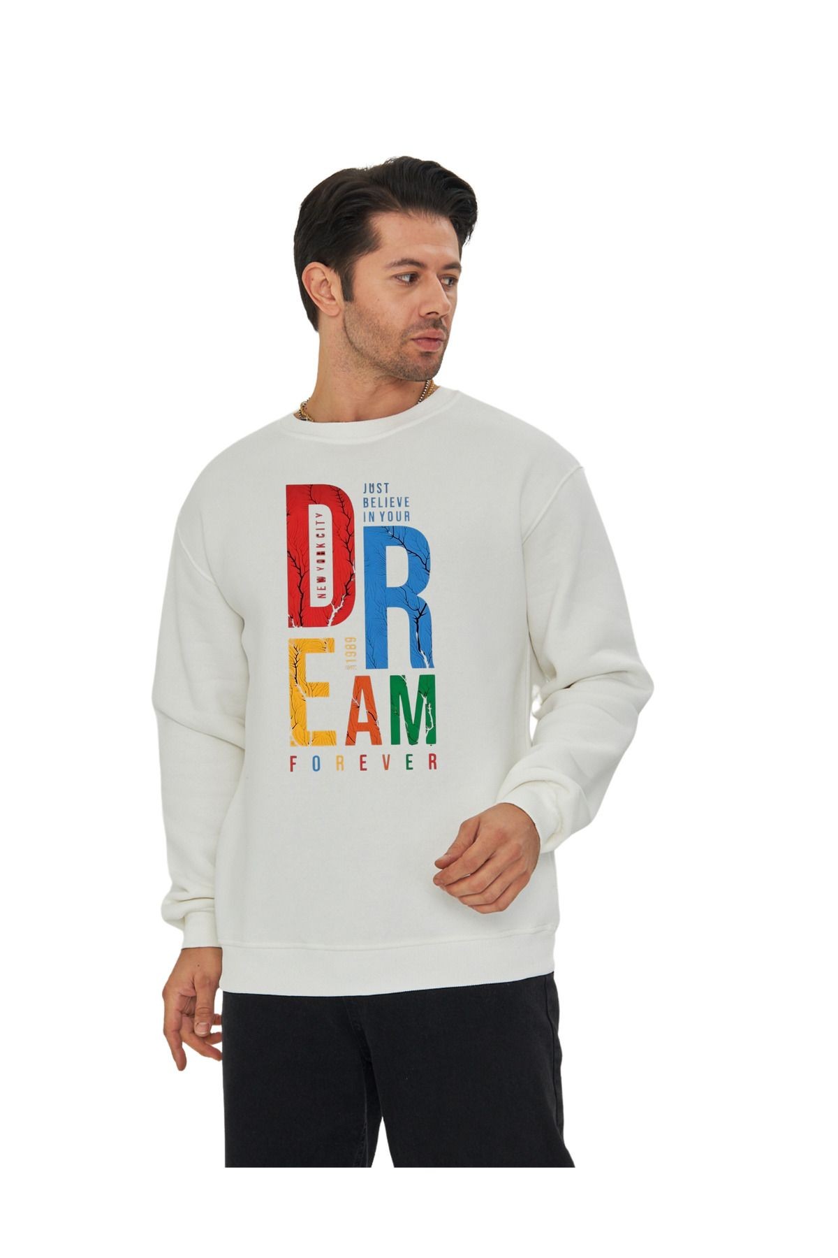 Dtf Digital Baskılı 3 Iplik Şardonlu Oversize Dream Yazısı Baskılı Sweatshirt Beyaz image