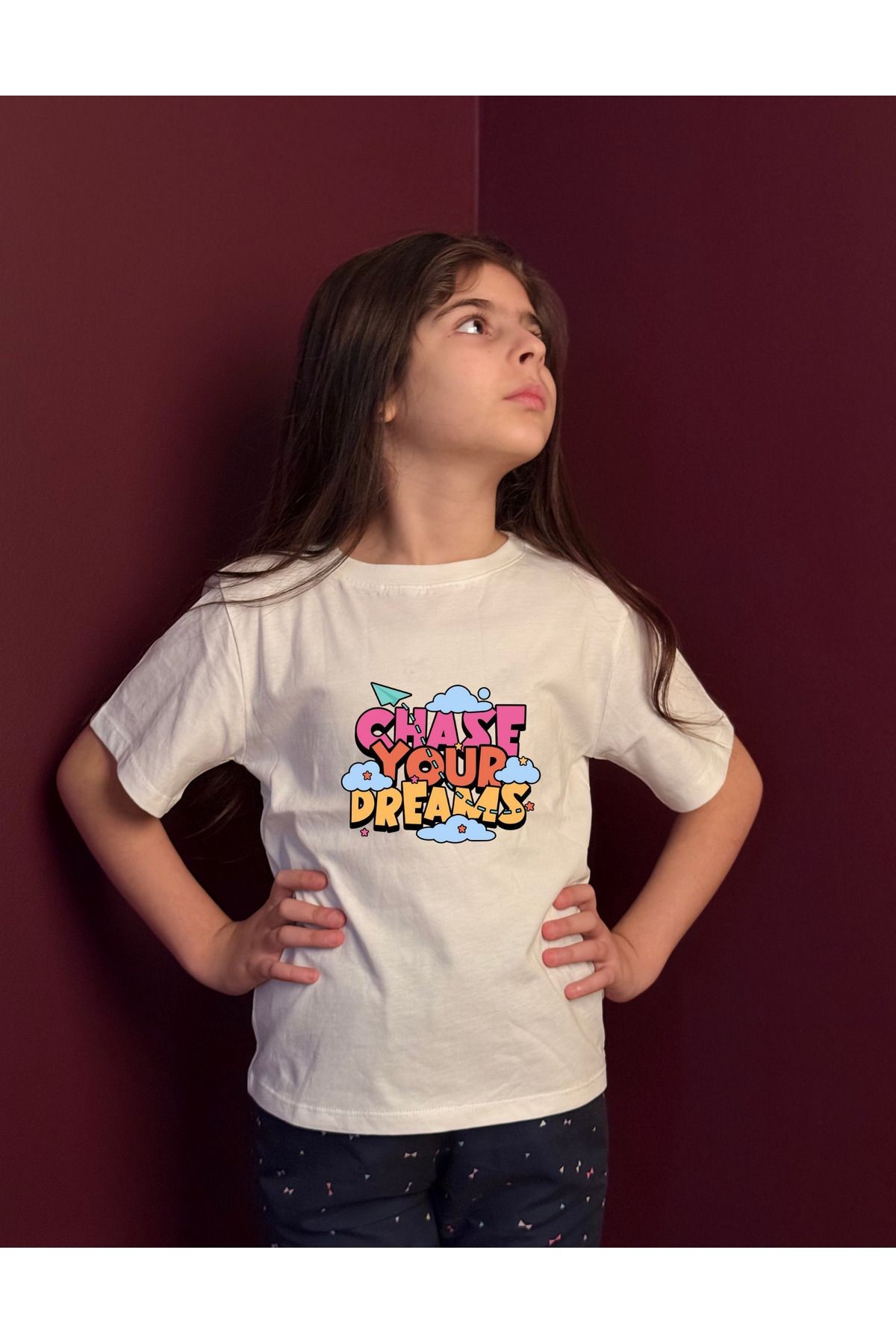 Çocuk Chase Your Dreams Yazılı %100 Gerçek Pamuklu 24/1 Suprem Penye Tişört Ekru image