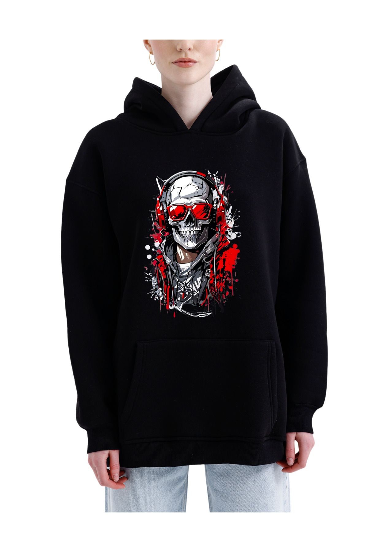 Digital Baskılı  3 İplik Şardonlu Kapşonlu ve Kanguru Cepli Sweatshirt "İskelet Hoodie" (pXm) image