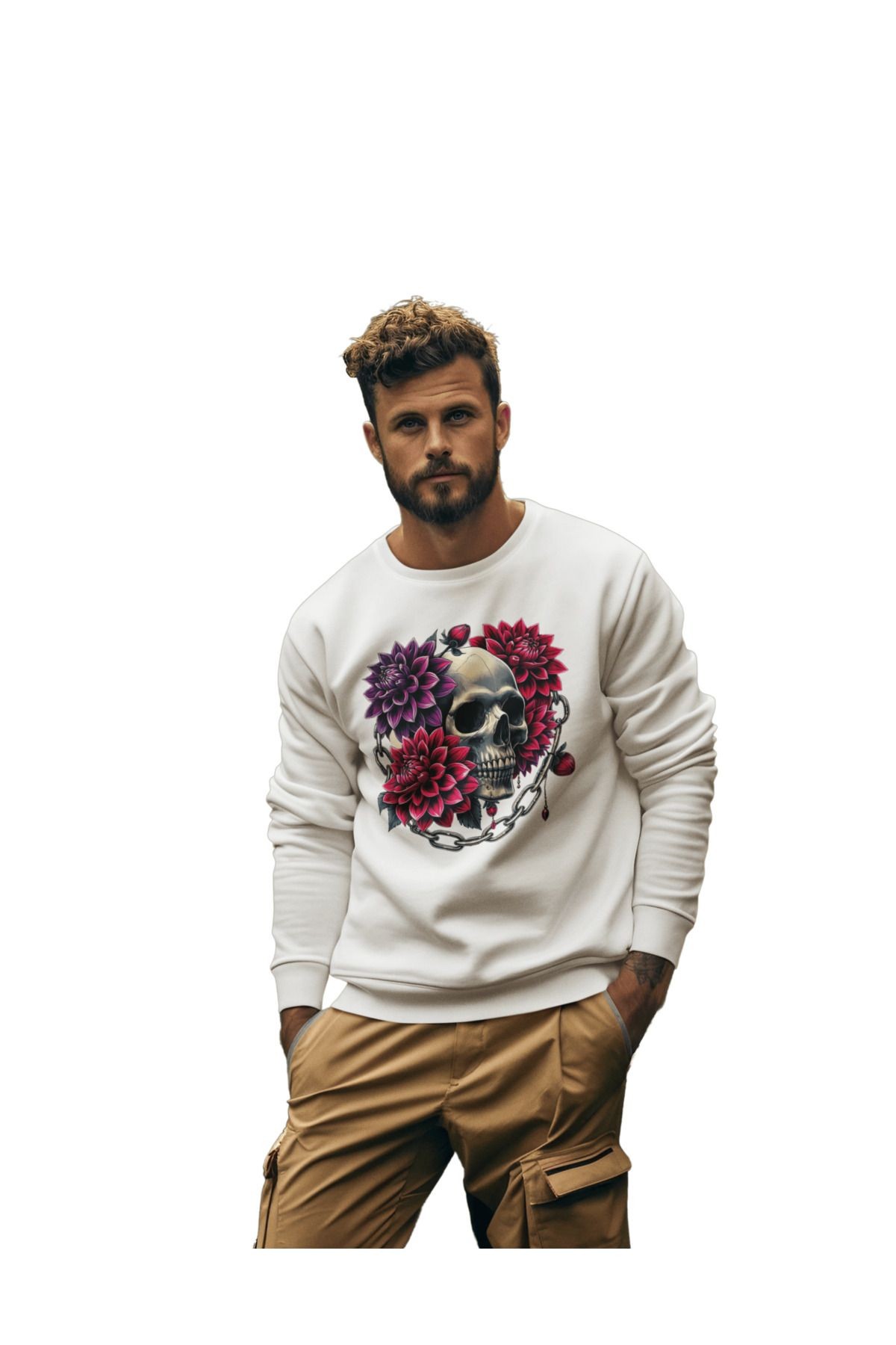 - DTF Baskılı 3 İplik Şardonlu Oversize Sweatshirt - Kuru Kafa Temalı image