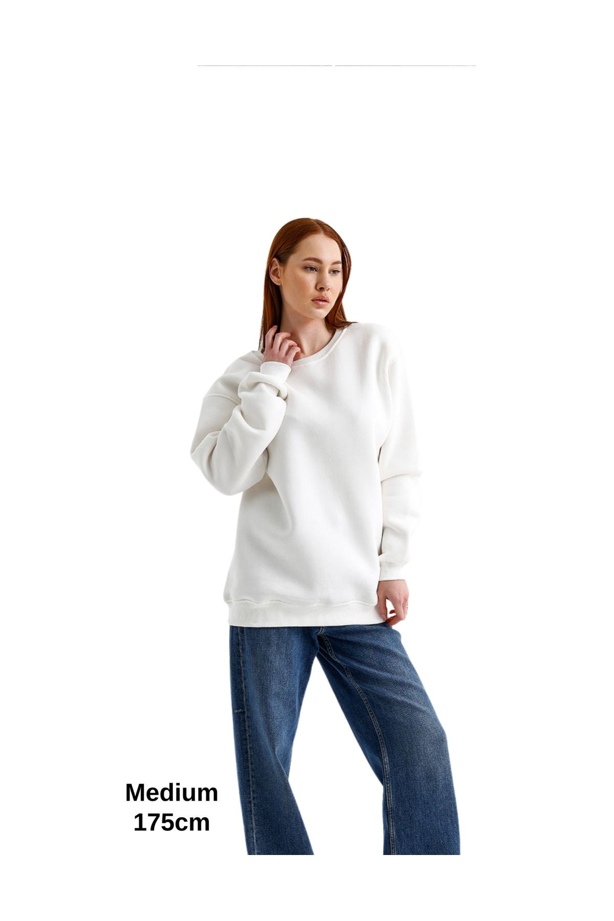 Oversize 3 Iplik Şardonlu Sweatshirt Düz Kadın Beyaz