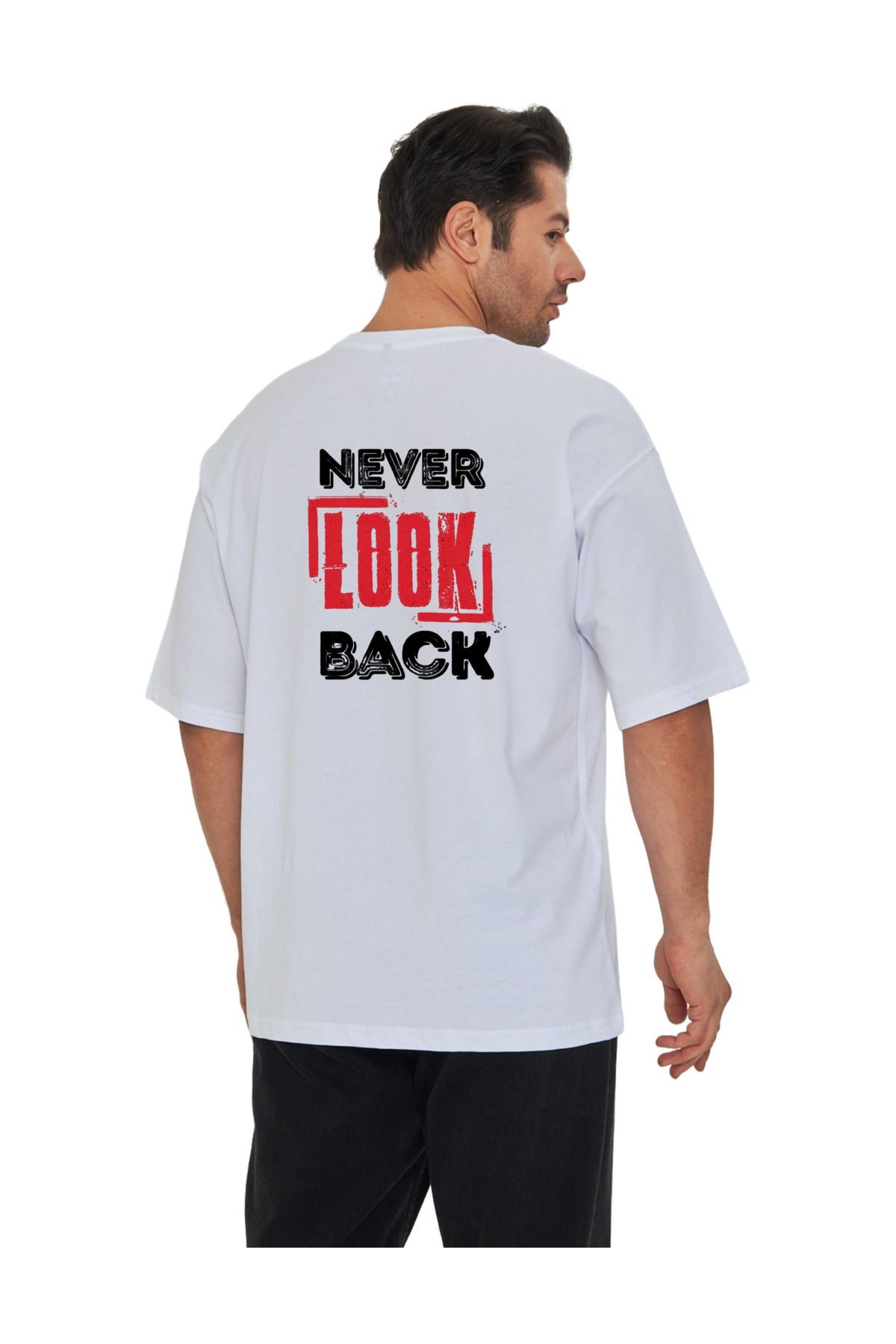 Digital Baskı Dtf %100 Pamuklu Oversize Never Look Back Yazısı Baskılı Tişört