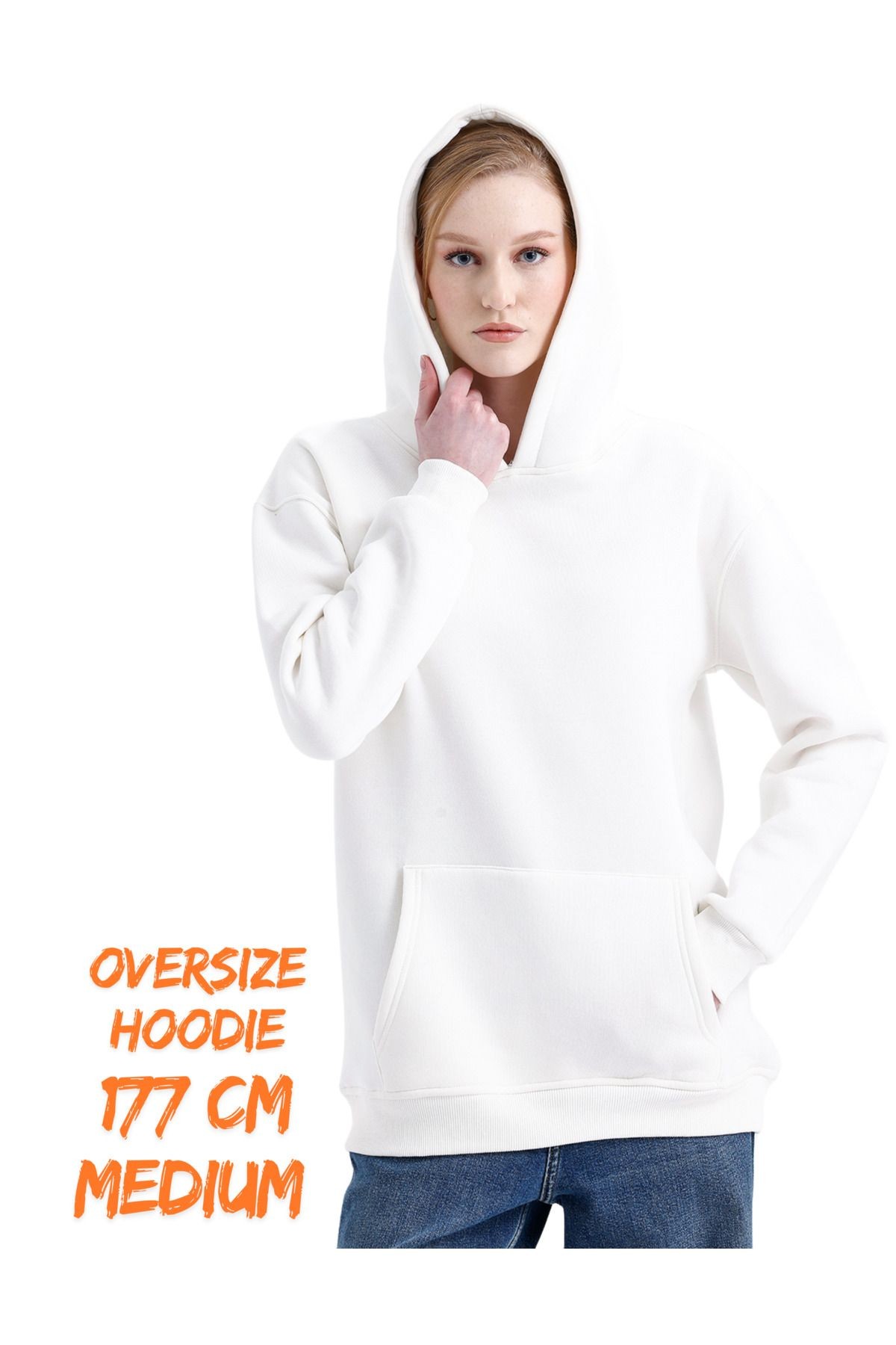 3 Iplik Şardonlu Kapşonlu Ve Kanguru Cepli Sweatshirt Düz Hoodie Beyaz